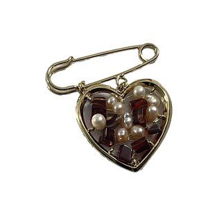 Vintage Gold Tone Safety Pin Dangle Heart Brooch Faux Pearl Red Beads